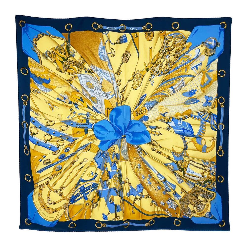 HERMES Carre 90 Soleil de Soie (Sun Silk) Scarf/Muffler, Silk, Navy, Men's/Wo...